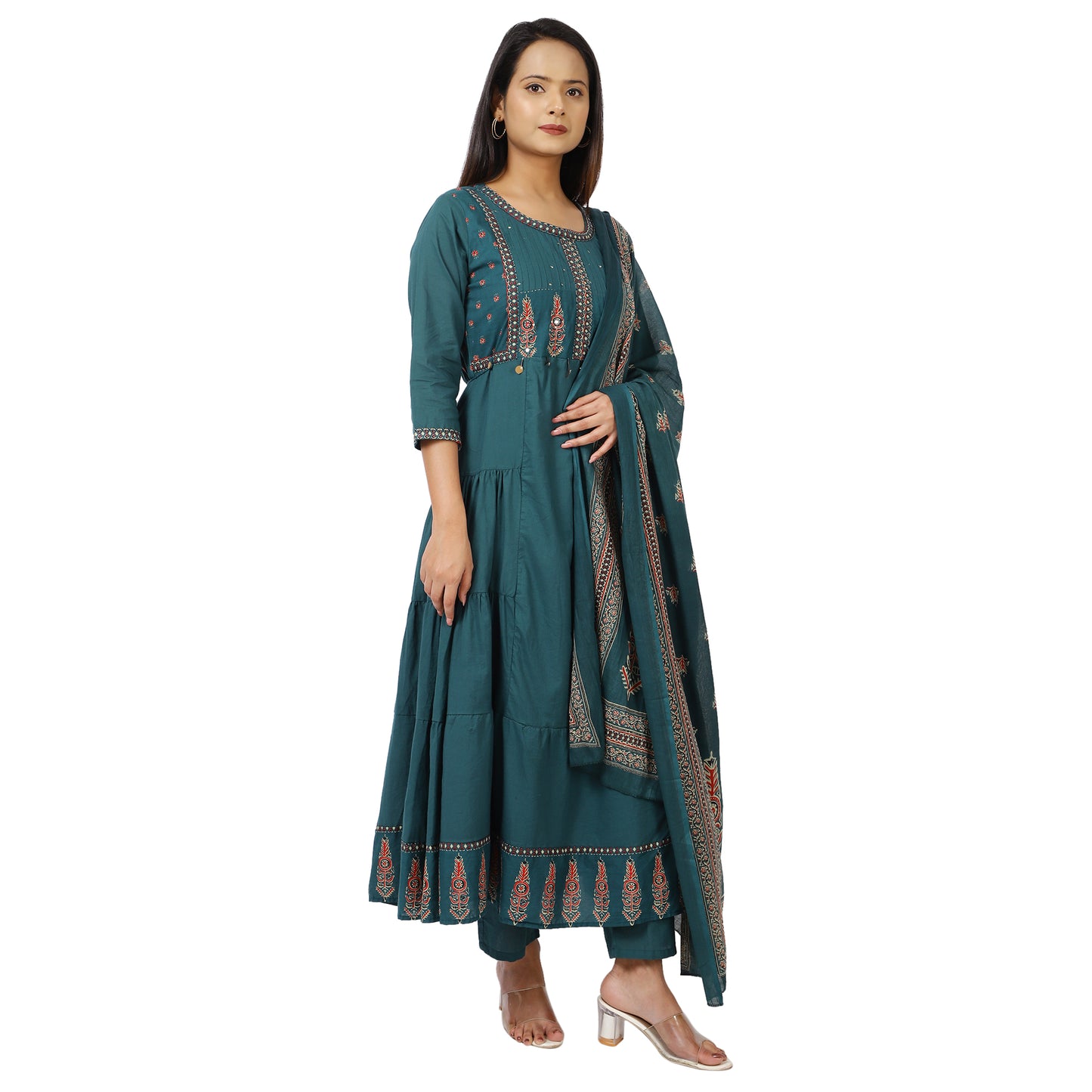 Side view of teal green Anarkali with dupatta