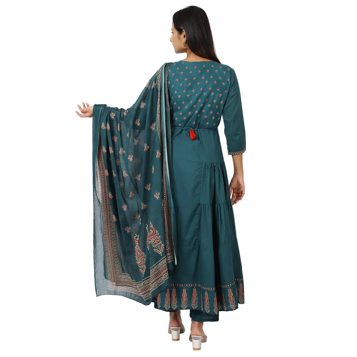 Back view of embroidered teal Anarkali dress