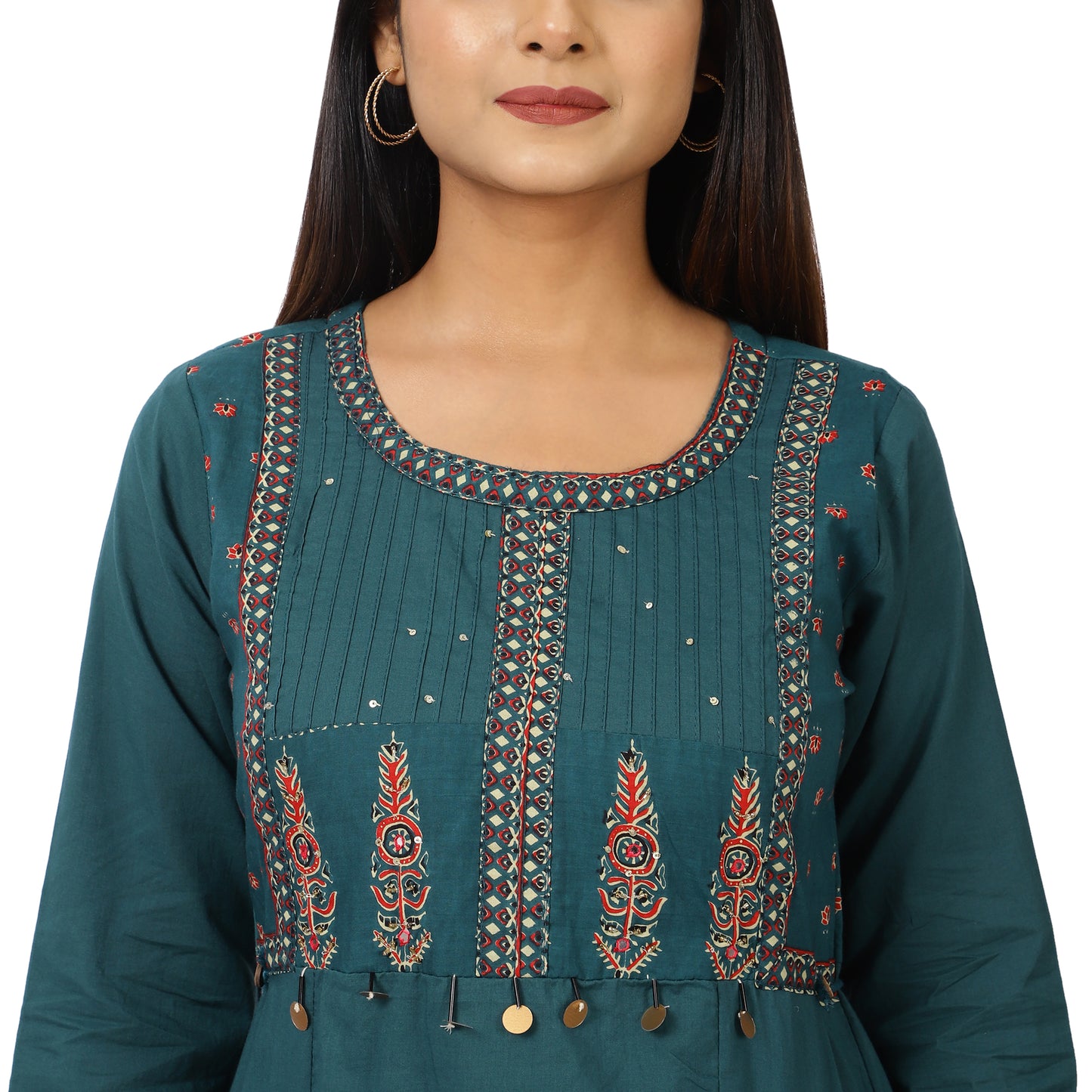Dupatta and embroidery close-up of teal dress set