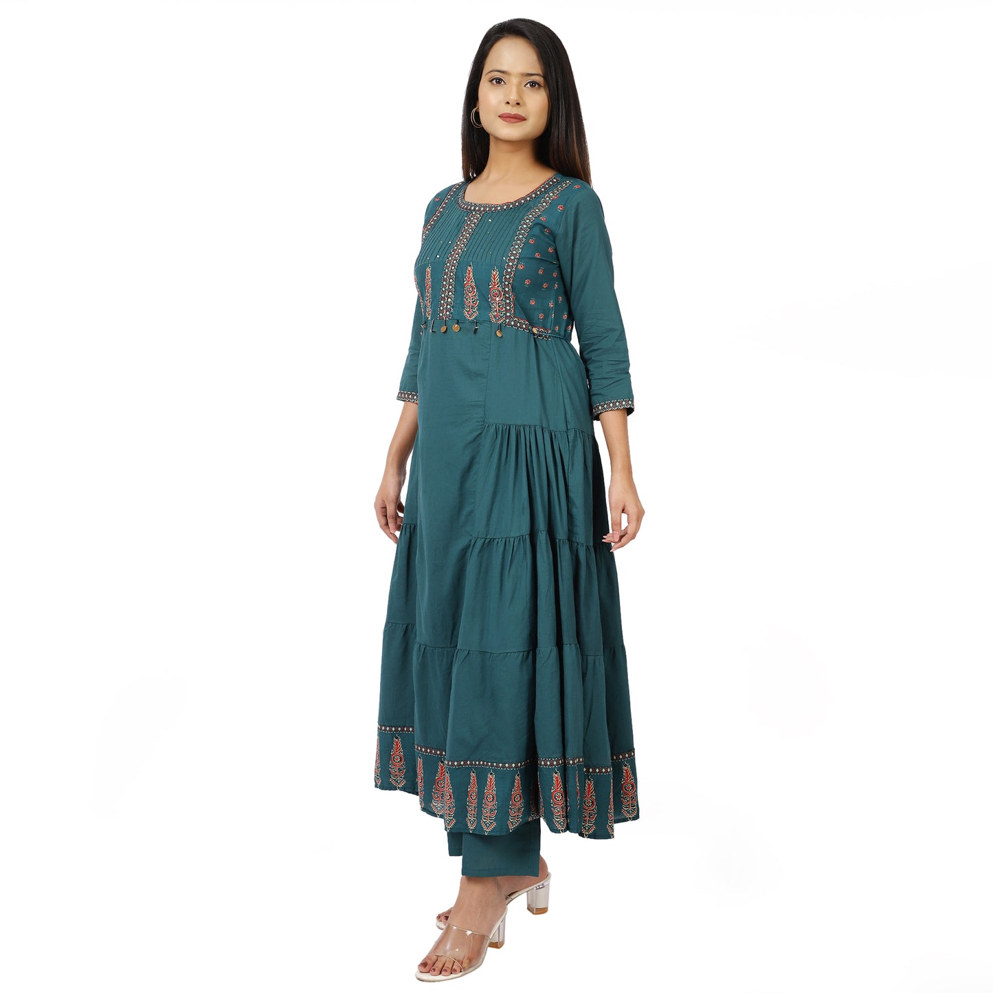 Full festive look in teal green Anarkali 3-piece set