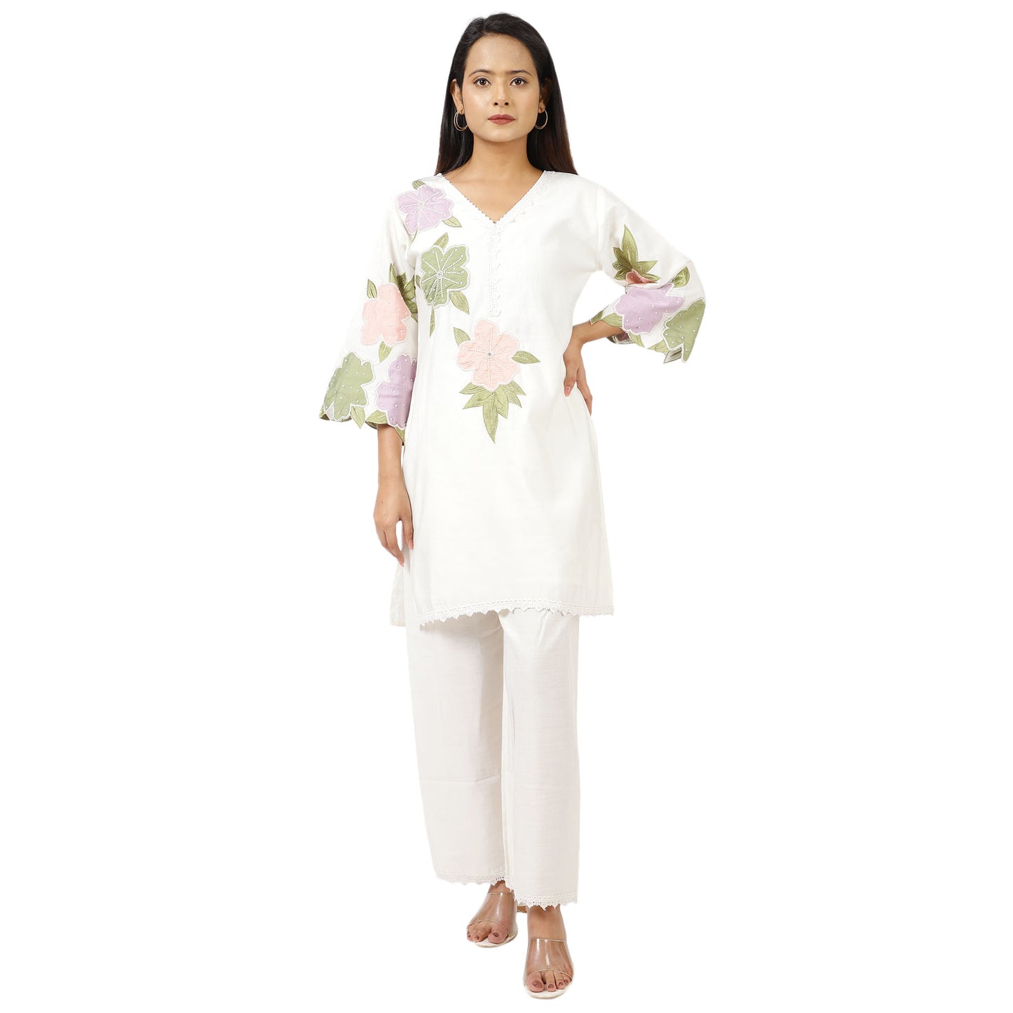 Women’s white kurta with pastel flower embroidery