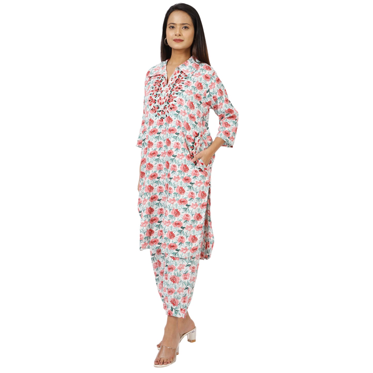 Stylish floral cotton kurta set front view