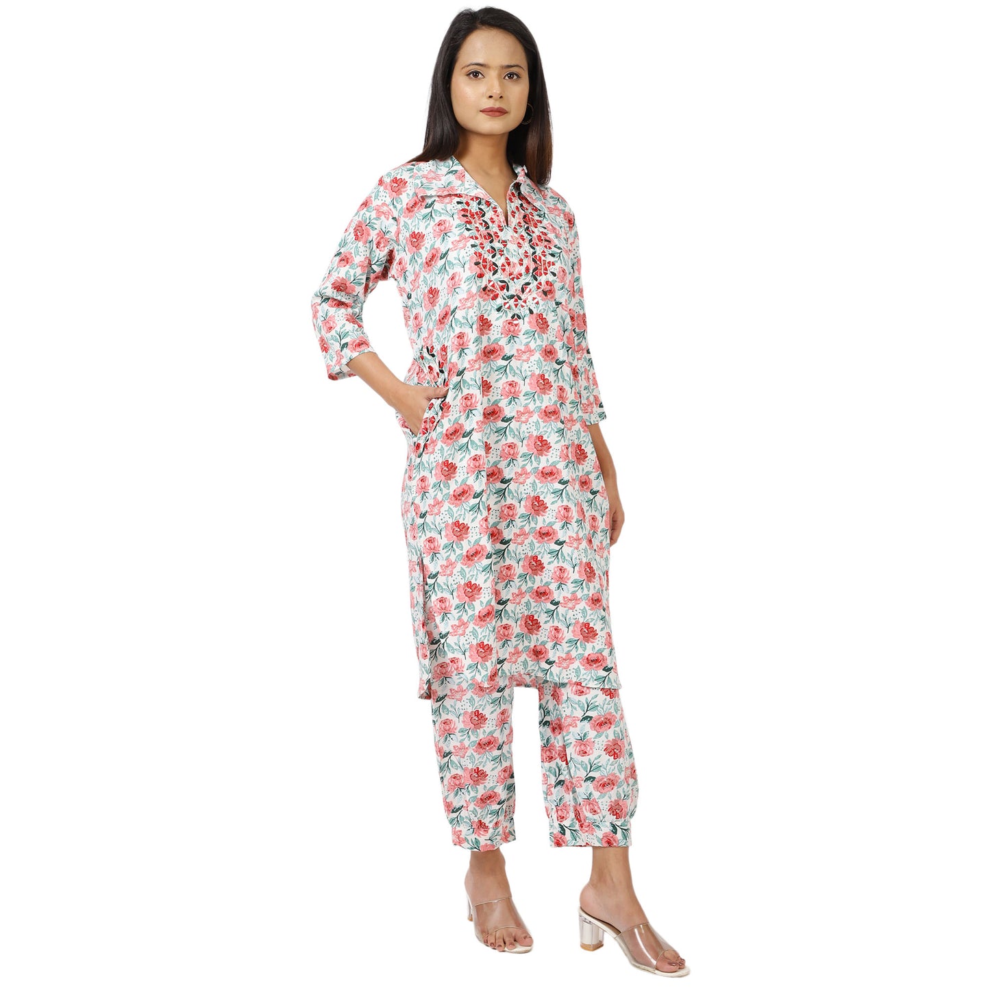 Pink rose pattern cotton kurta set by ZS Fashion