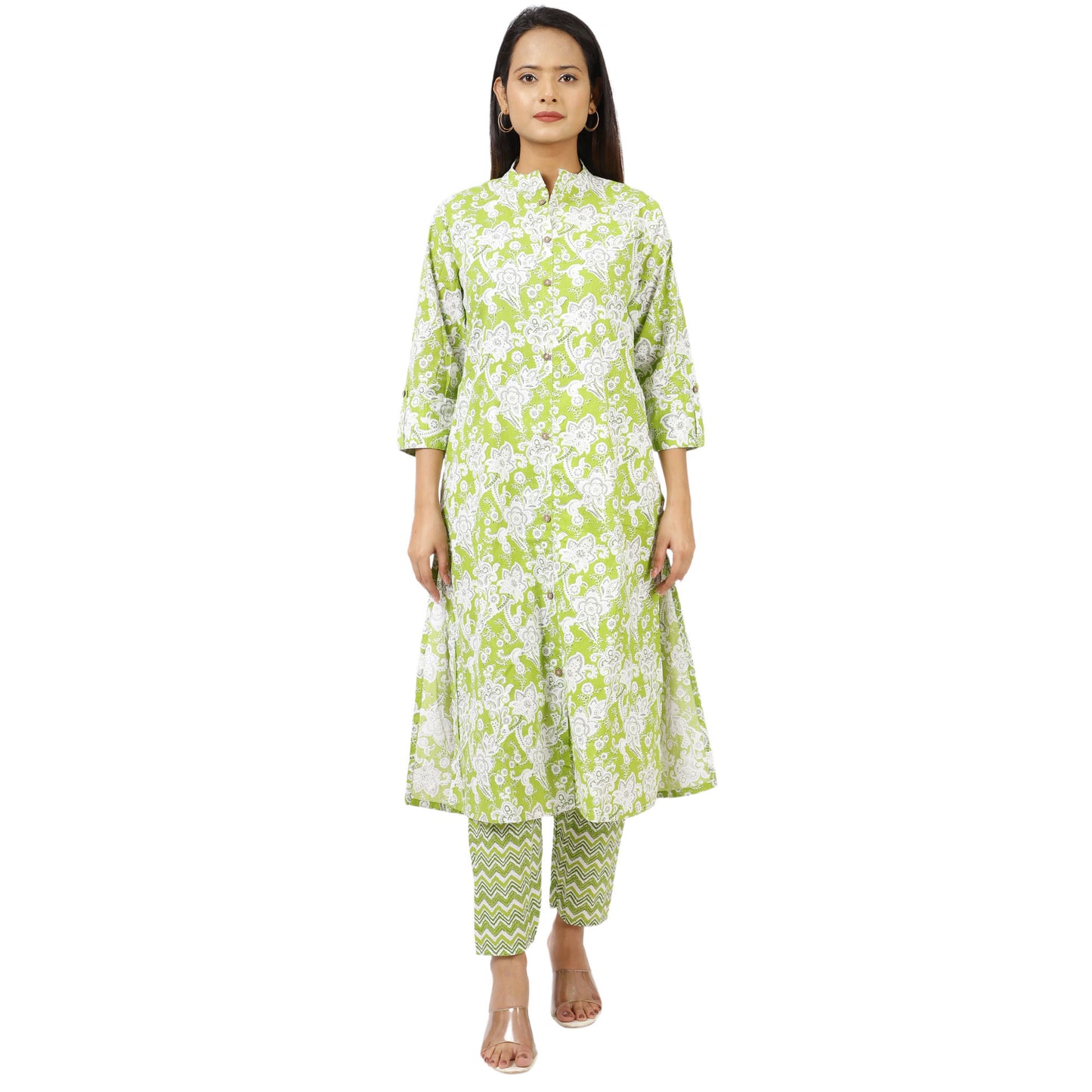 Green Printed Cotton Kurta with 3/4 Sleeves