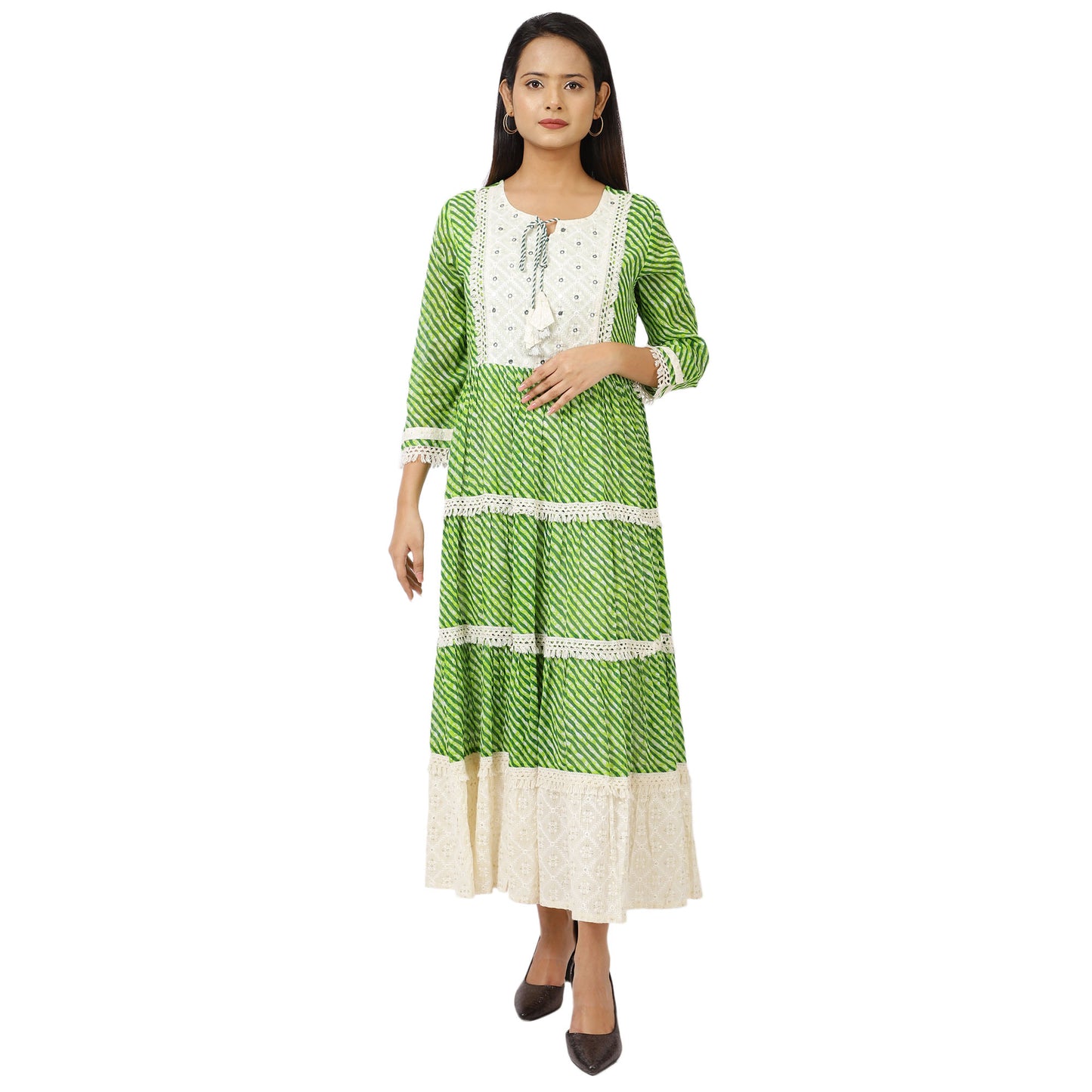 Women's Tiered Maxi Dress with White Lace