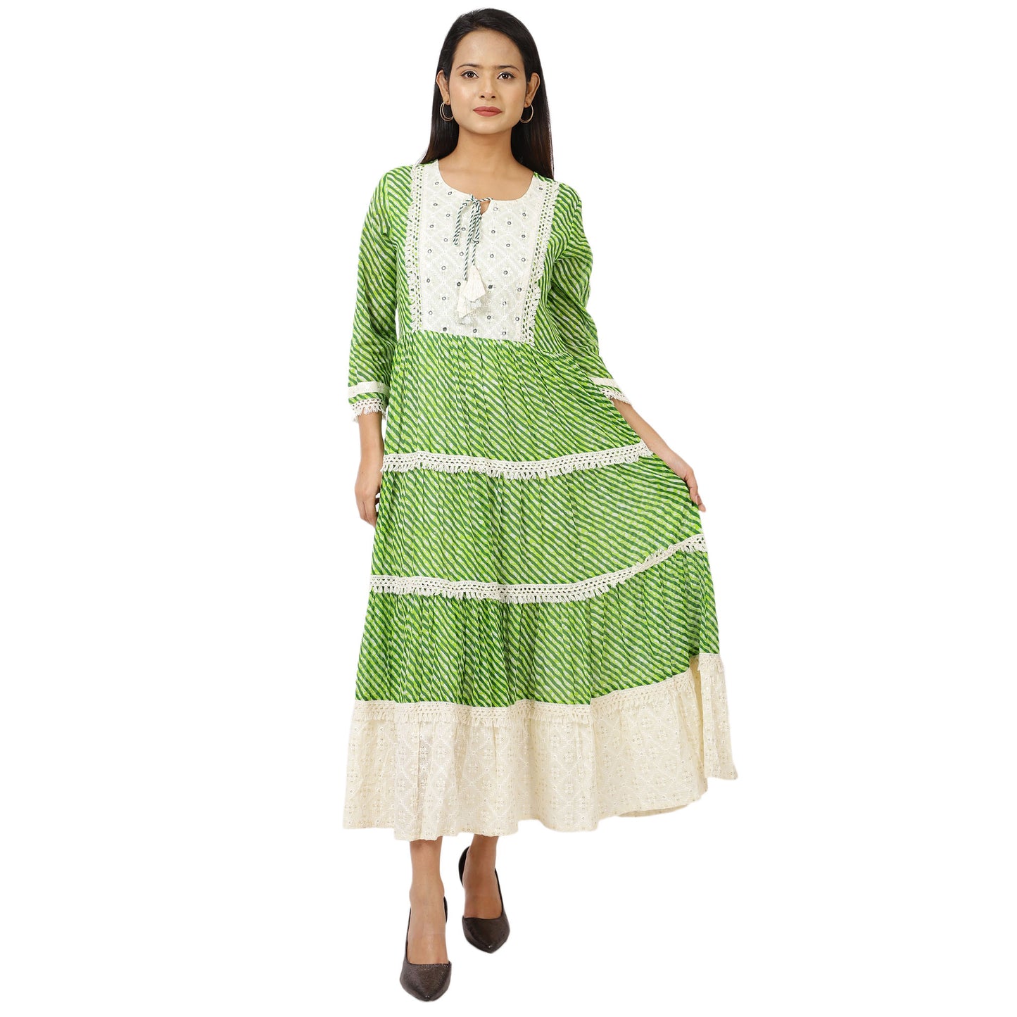 Green Leheriya Cotton Blend Dress Front View
