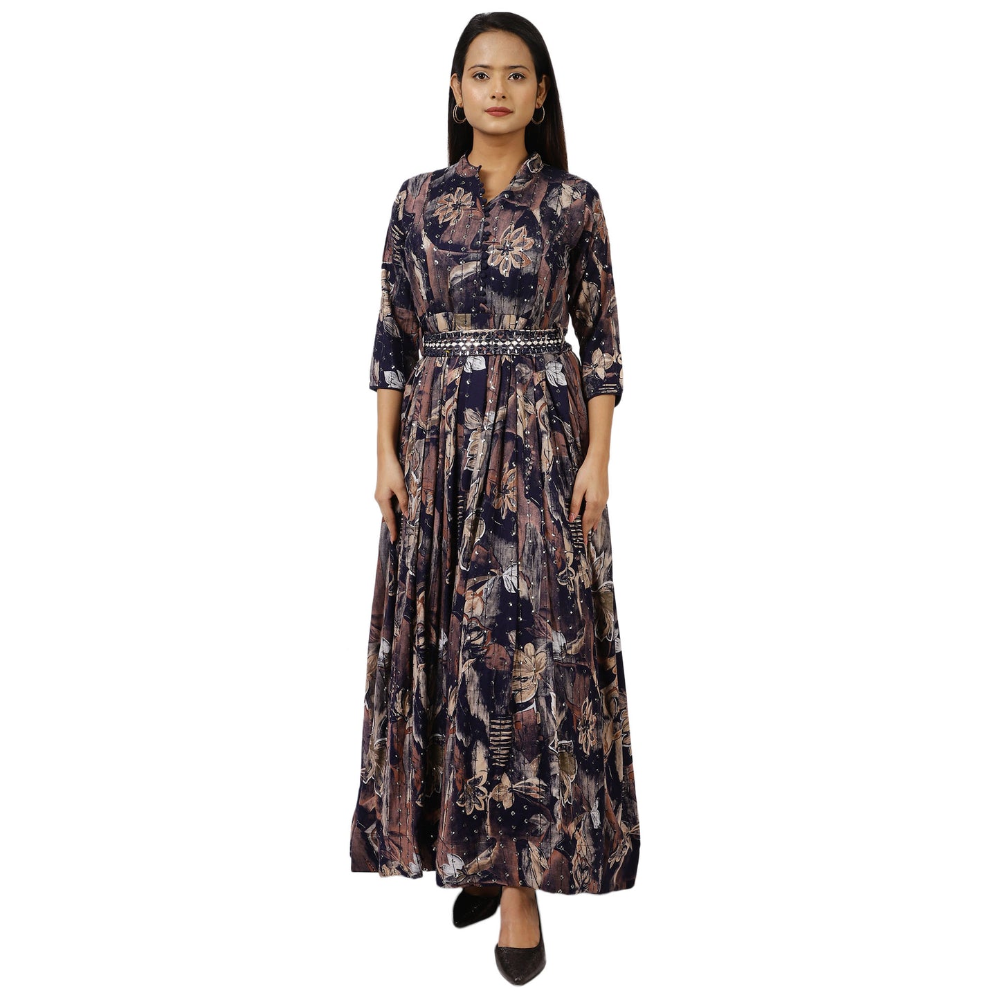 Navy Blue and Brown Maxi Dress with Belt