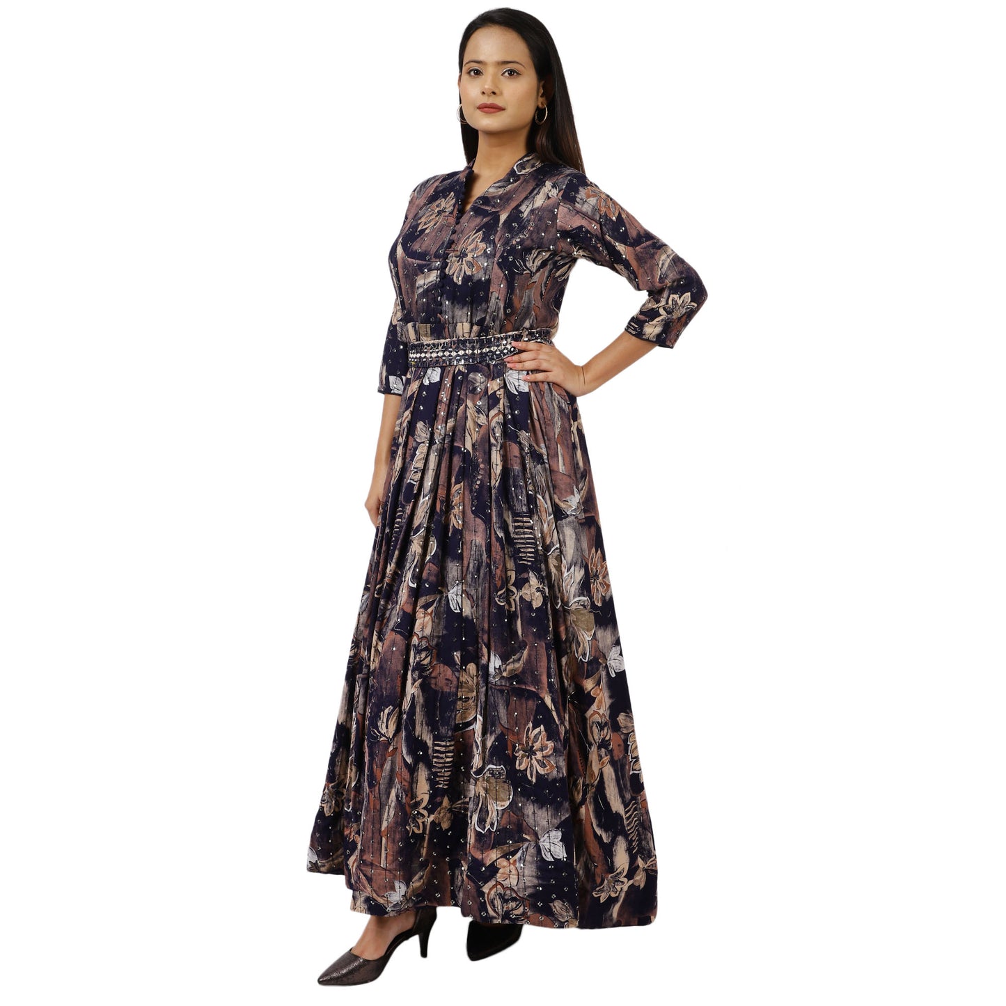 Floral Long Dress with 3/4 Sleeves by ZS Fashion