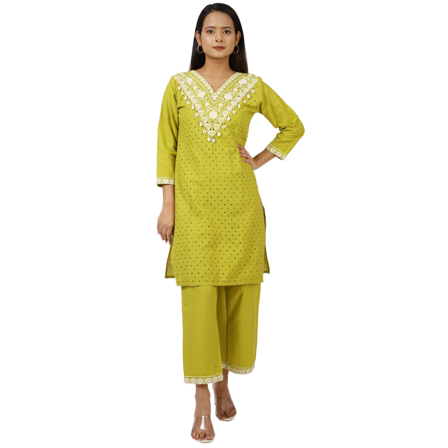 Embroidered V-neck lime green kurta with palazzo