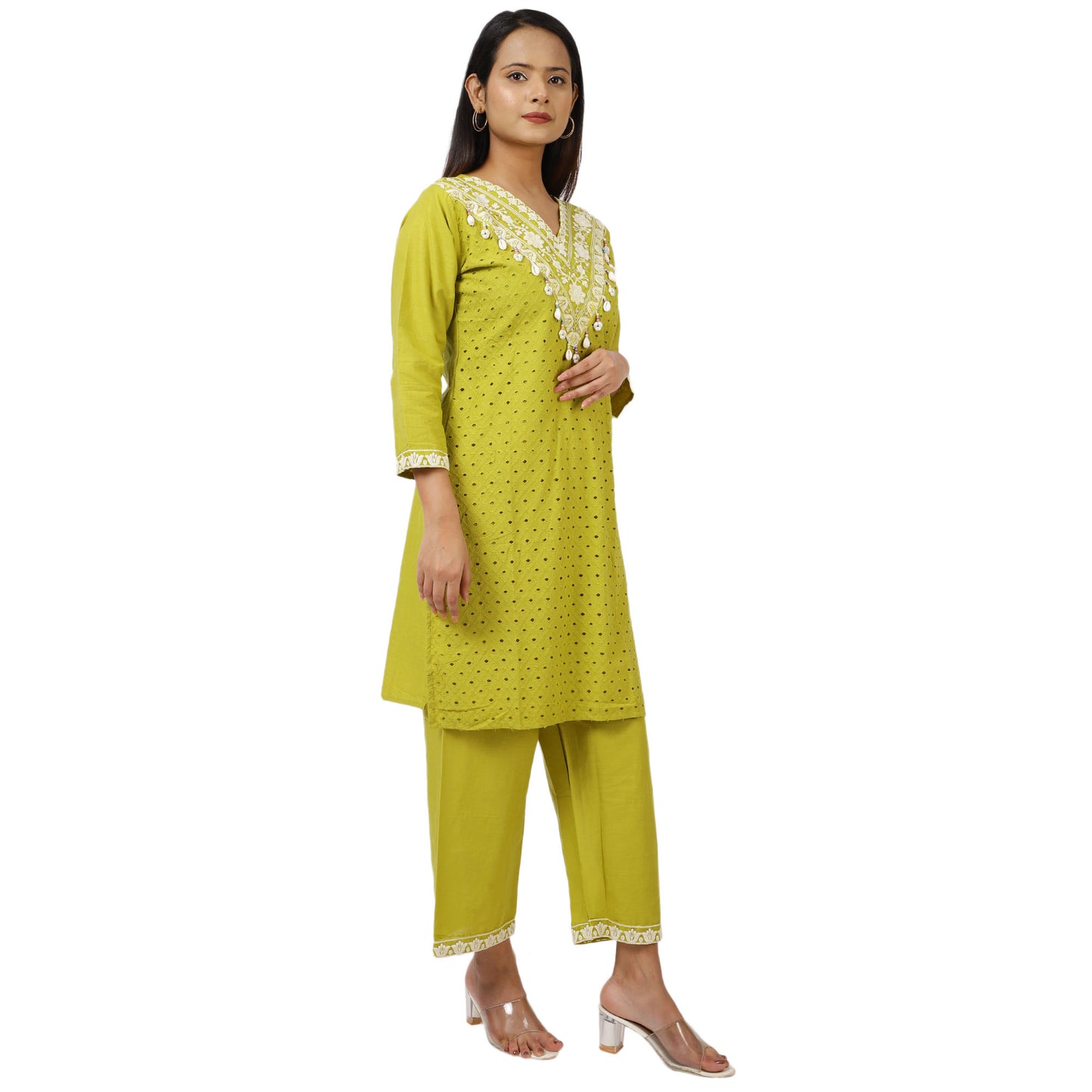 Elegant lime green cotton kurta palazzo set