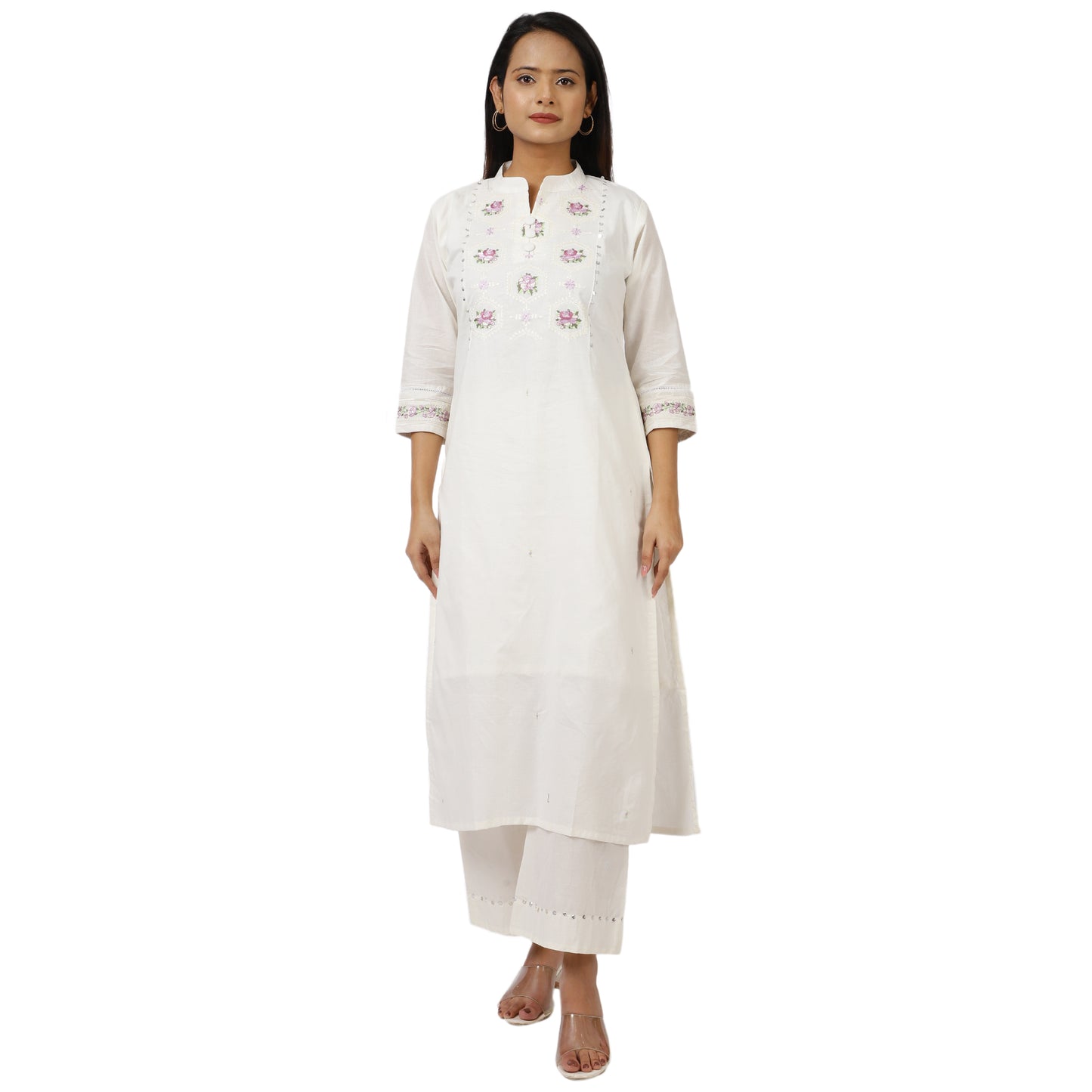 ZS Fashion White Cotton Kurta Set with Floral Embroidery, 3/4 Sleeves, Mandarin Collar, Straight Cut