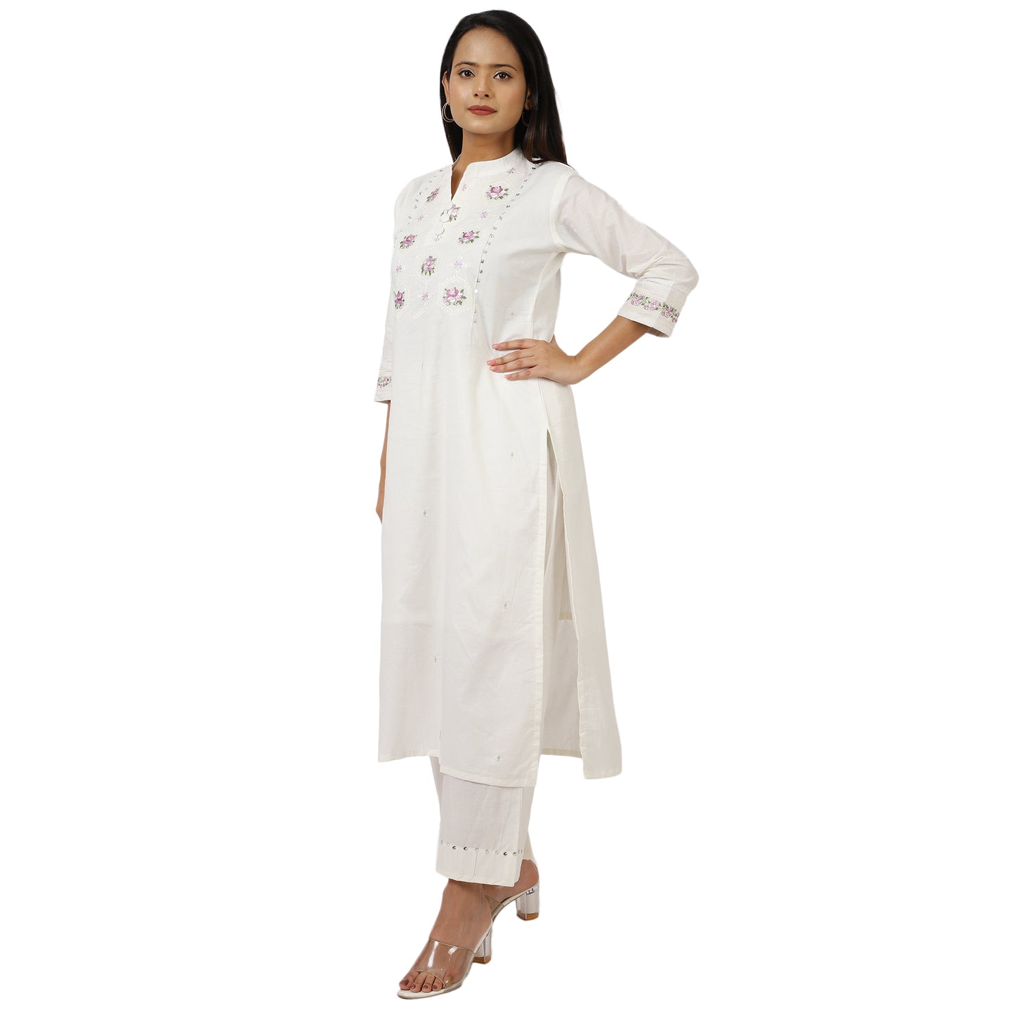 ZS Fashion White Cotton Kurta Set with Floral Embroidery, 3/4 Sleeves, Mandarin Collar, Straight Cut