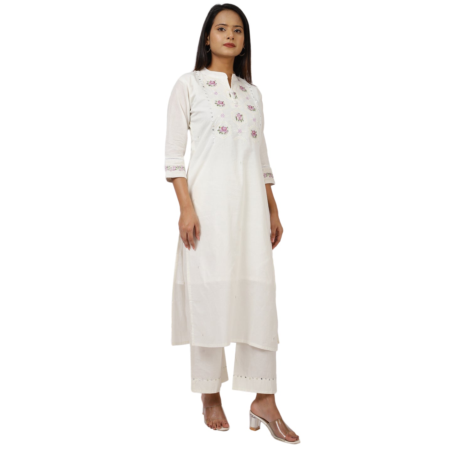 ZS Fashion White Cotton Kurta Set with Floral Embroidery, 3/4 Sleeves, Mandarin Collar, Straight Cut