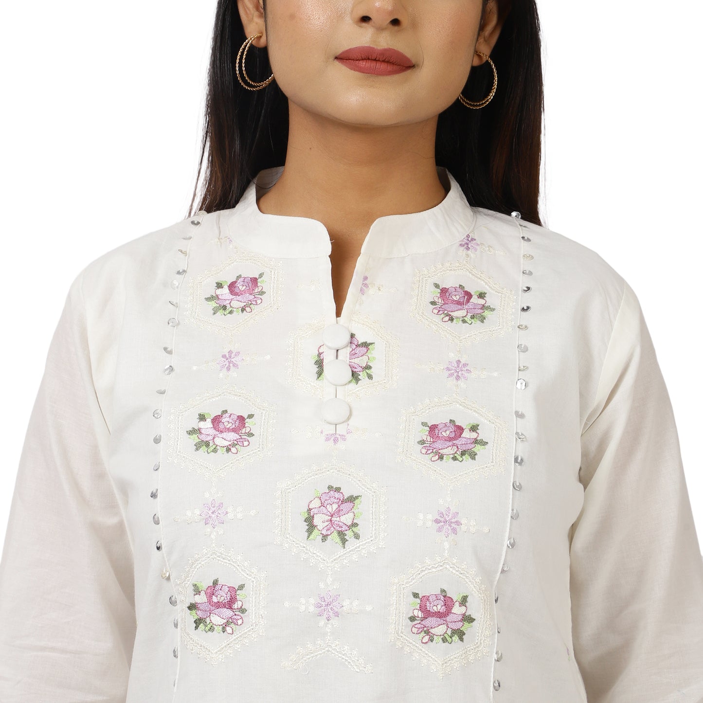 ZS Fashion White Cotton Kurta Set with Floral Embroidery, 3/4 Sleeves, Mandarin Collar, Straight Cut