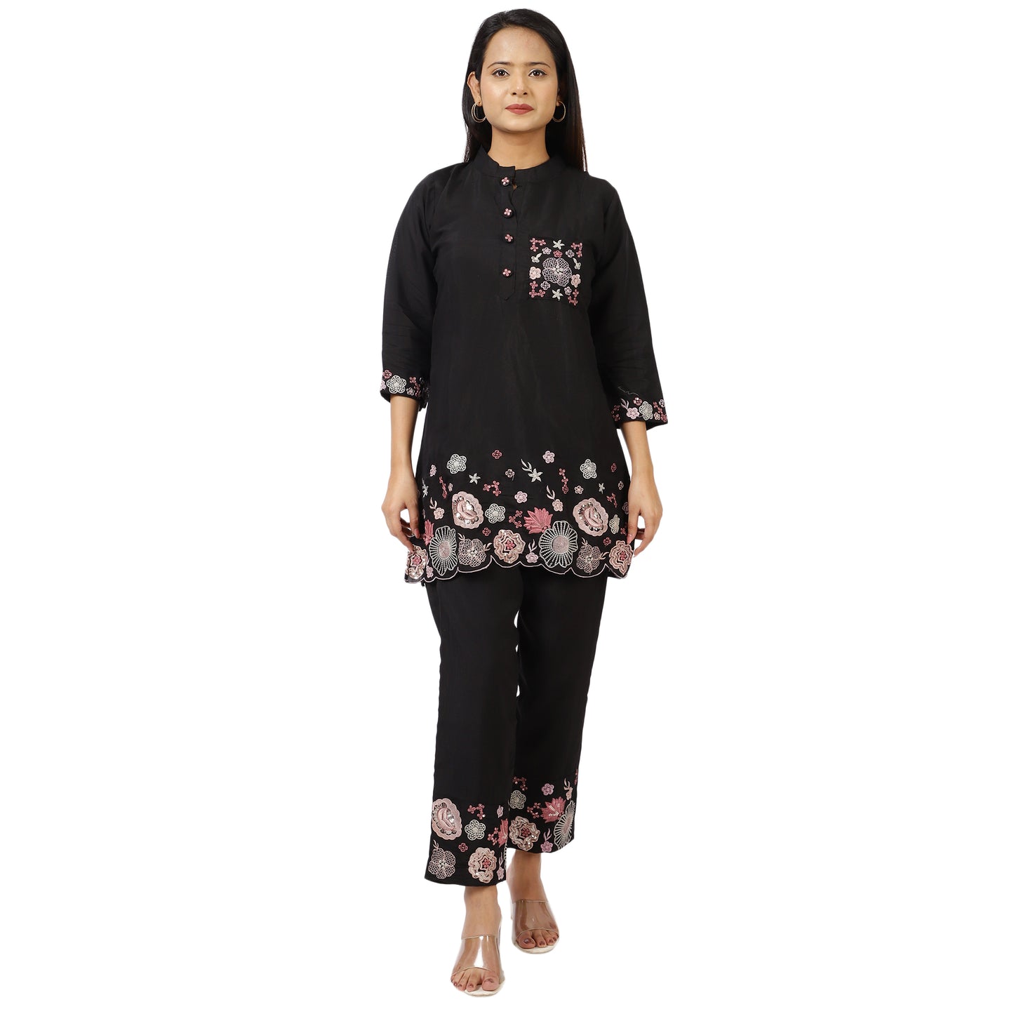 Women's Black Cotton Kurta Pant Set with Floral Embroidery, 3/4 Sleeve, Mandarin Collar