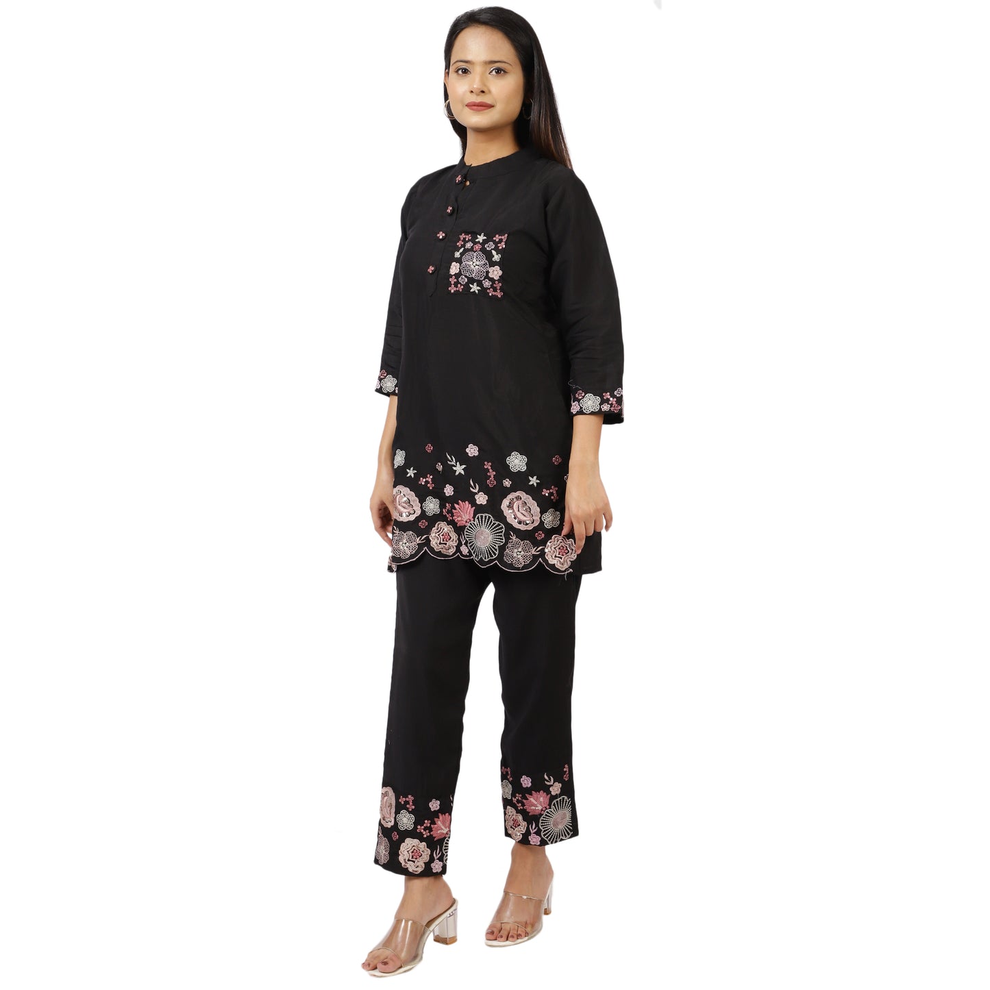 Women's Black Cotton Kurta Pant Set with Floral Embroidery, 3/4 Sleeve, Mandarin Collar
