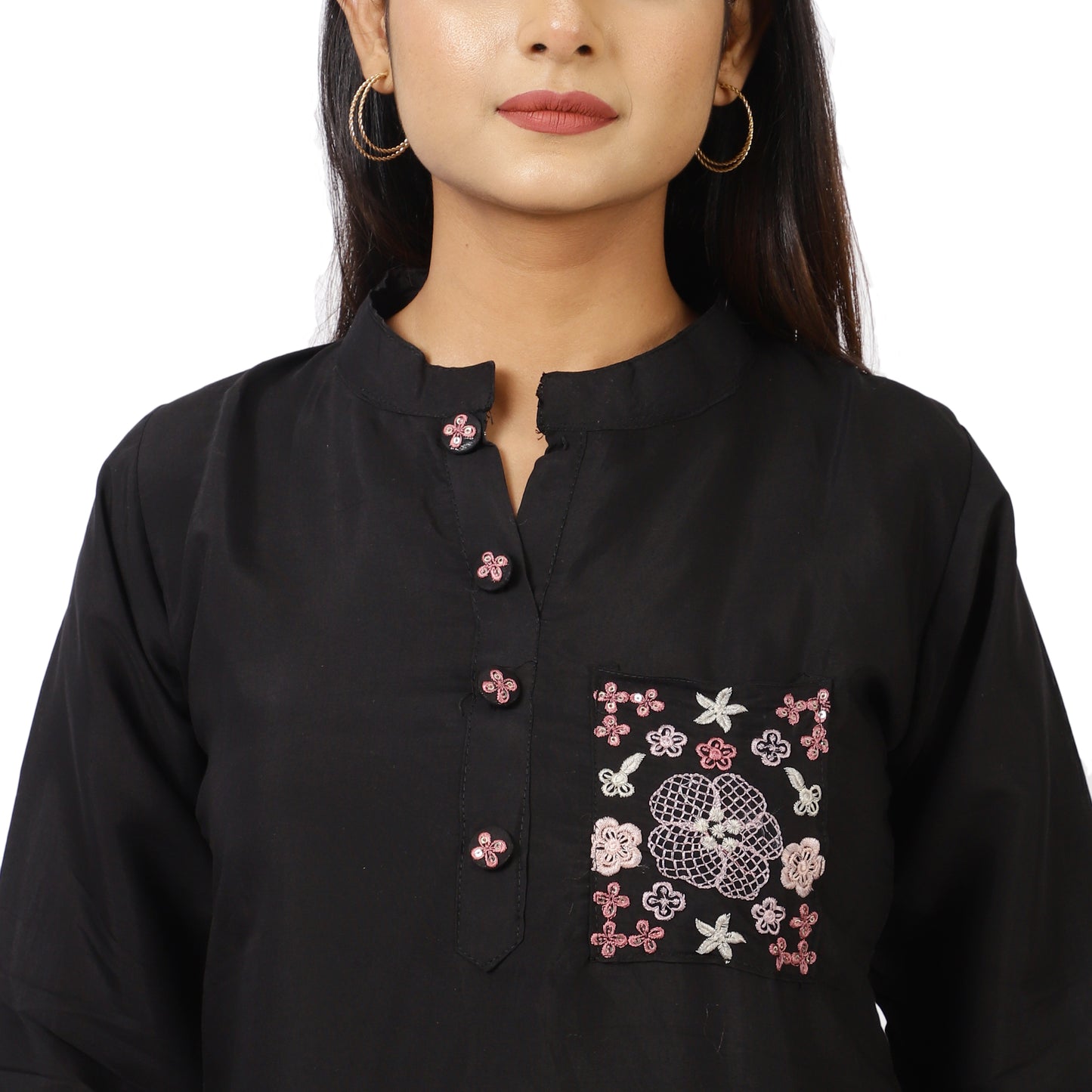 Women's Black Cotton Kurta Pant Set with Floral Embroidery, 3/4 Sleeve, Mandarin Collar