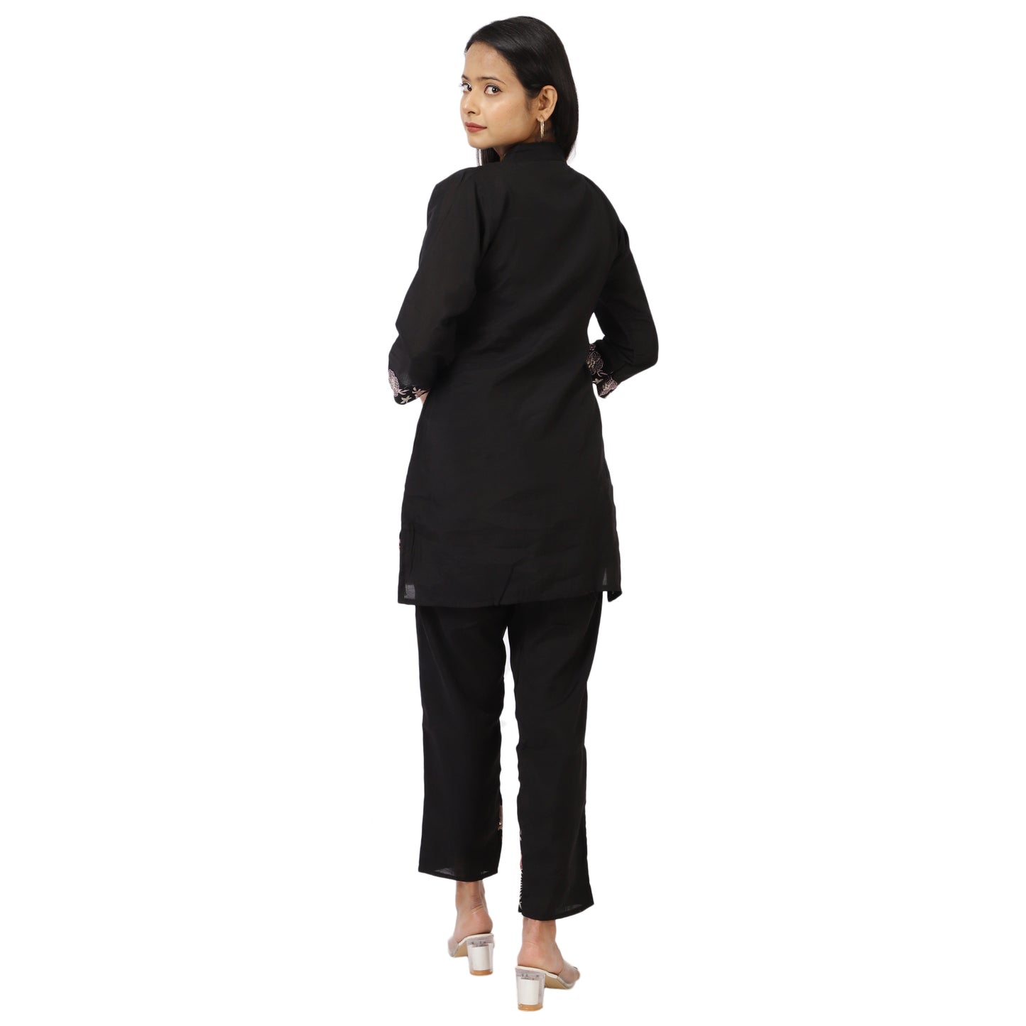 Women's Black Cotton Kurta Pant Set with Floral Embroidery, 3/4 Sleeve, Mandarin Collar