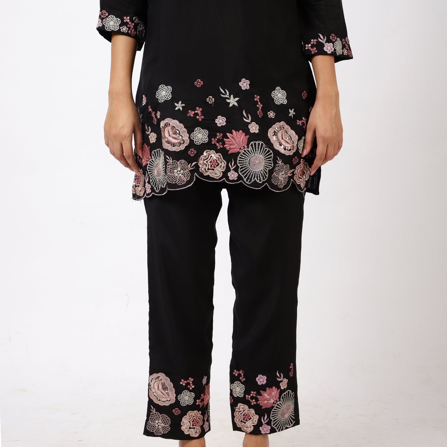 Women's Black Cotton Kurta Pant Set with Floral Embroidery, 3/4 Sleeve, Mandarin Collar