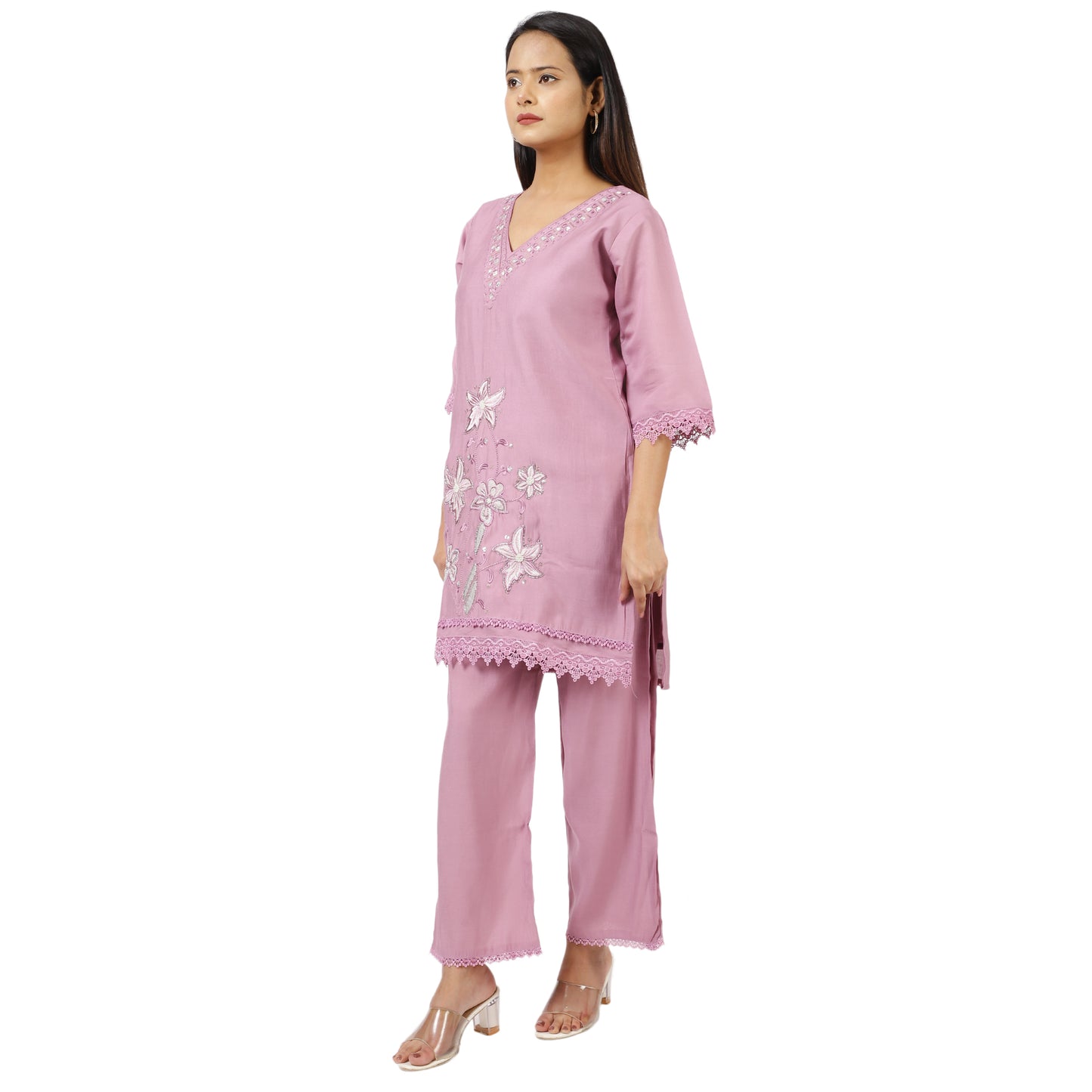 Women's V-Neck Pink Kurta Pant Set with Embroidery and Lace Detail – Festive