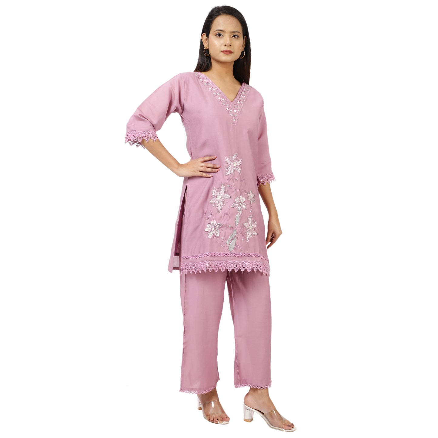 Women's V-Neck Pink Kurta Pant Set with Embroidery and Lace Detail – Festive
