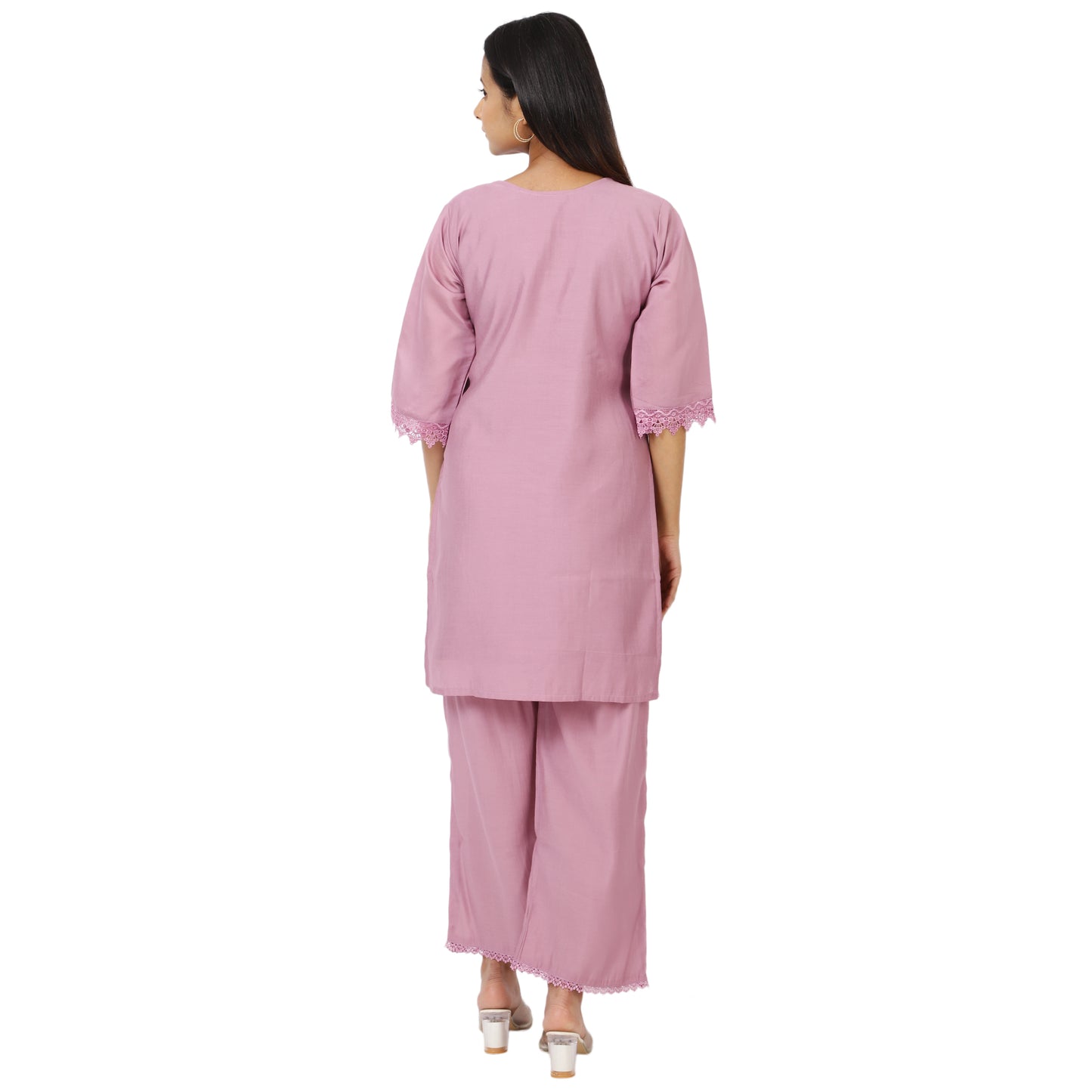Women's V-Neck Pink Kurta Pant Set with Embroidery and Lace Detail – Festive