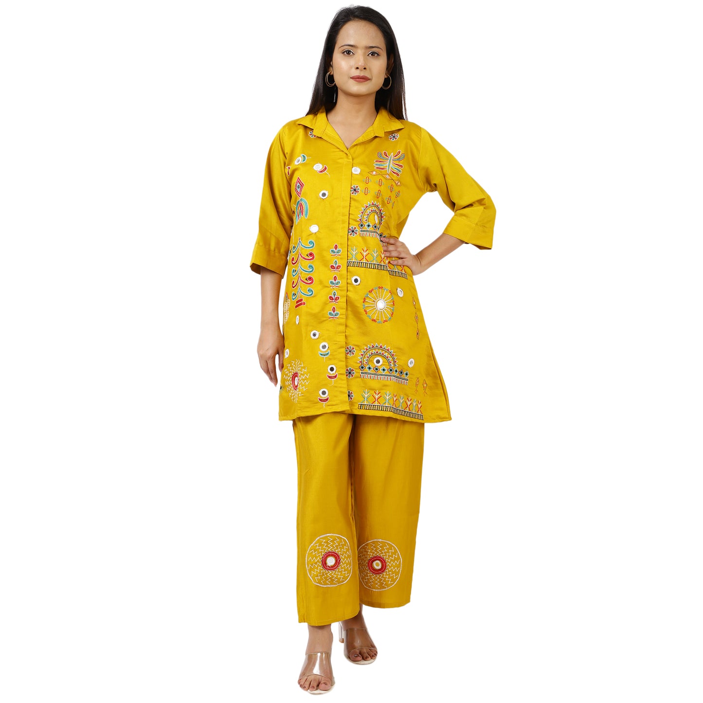 ZS Fashion Women's Ethnic Yellow Kurta and Pant Set, Soft Cotton Fabric with Embroidery, 3/4 Sleeve Design