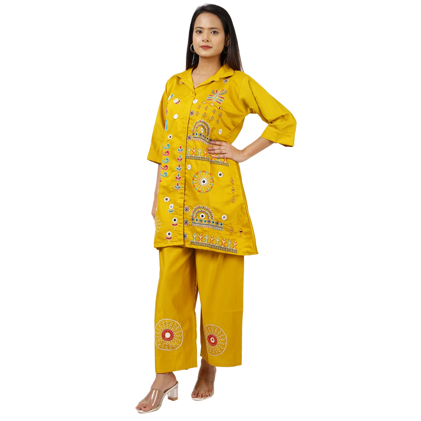 ZS Fashion Women's Ethnic Yellow Kurta and Pant Set, Soft Cotton Fabric with Embroidery, 3/4 Sleeve Design
