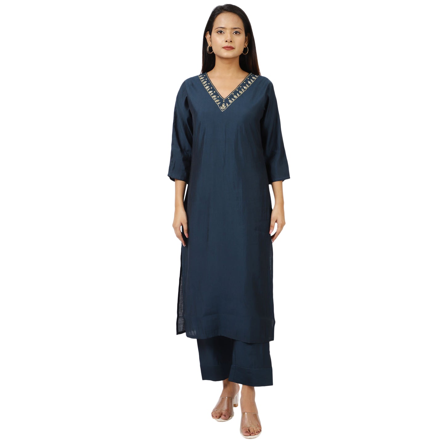 ZS Fashion Women's Indian Ethnic Set – Navy Blue Embellished Kurta with Palazzo Pants, V-Neck & 3/4 Sleeves