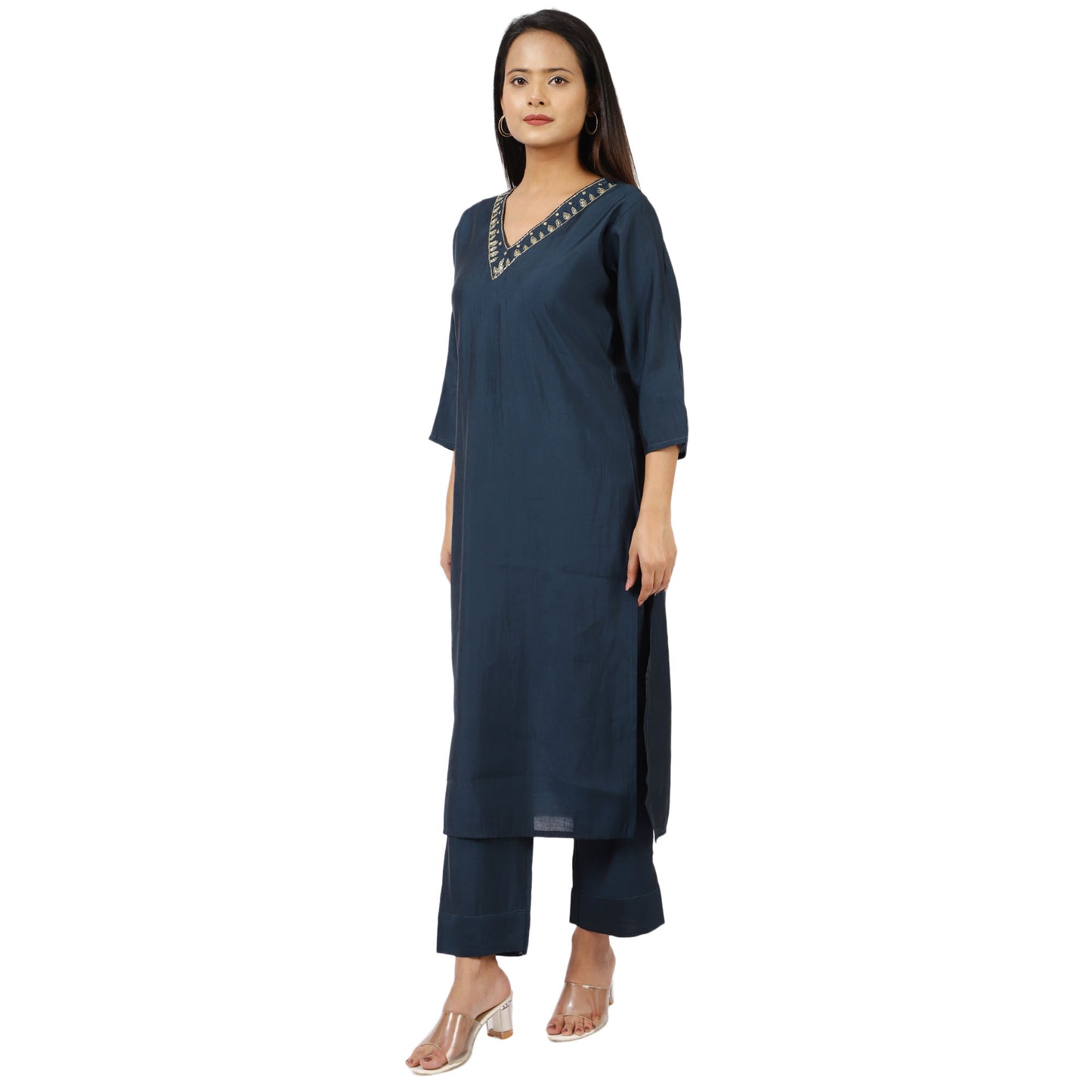 ZS Fashion Women's Indian Ethnic Set – Navy Blue Embellished Kurta with Palazzo Pants, V-Neck & 3/4 Sleeves