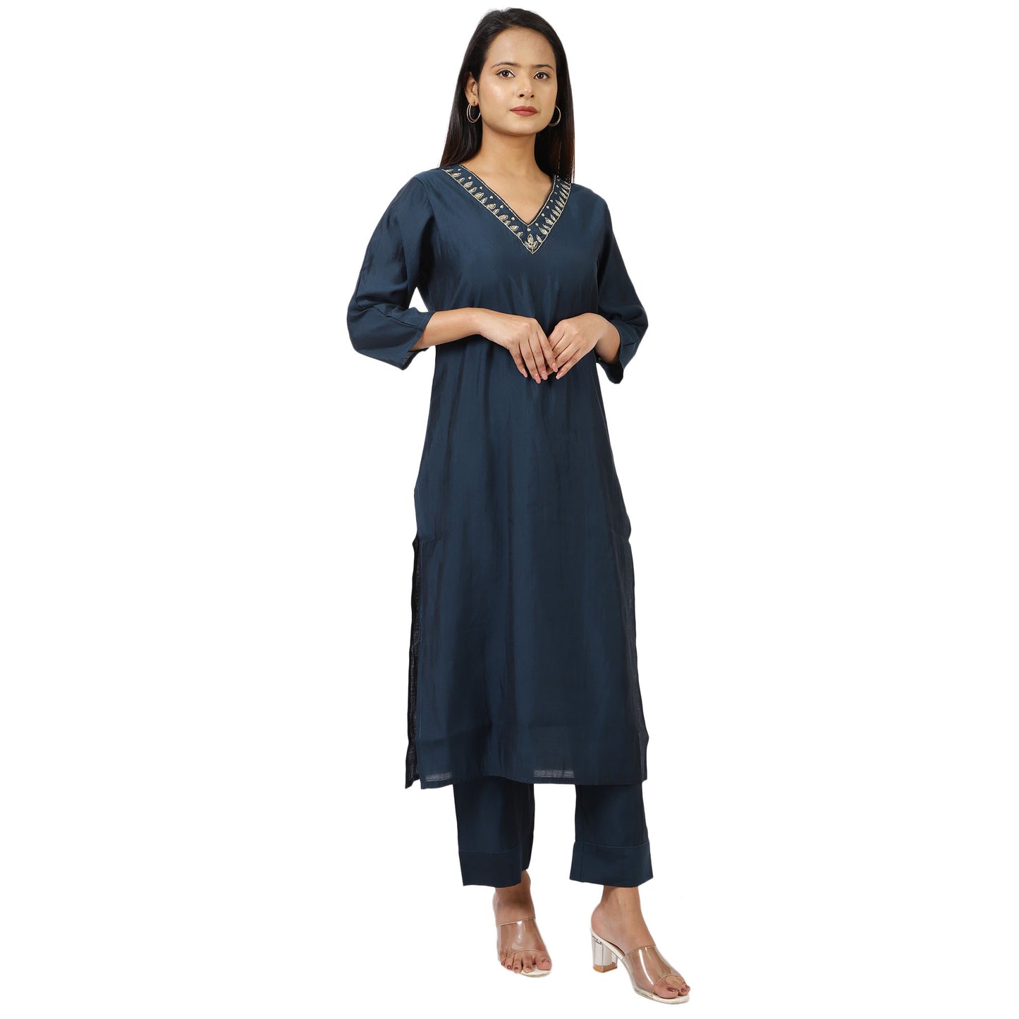 ZS Fashion Women's Indian Ethnic Set – Navy Blue Embellished Kurta with Palazzo Pants, V-Neck & 3/4 Sleeves