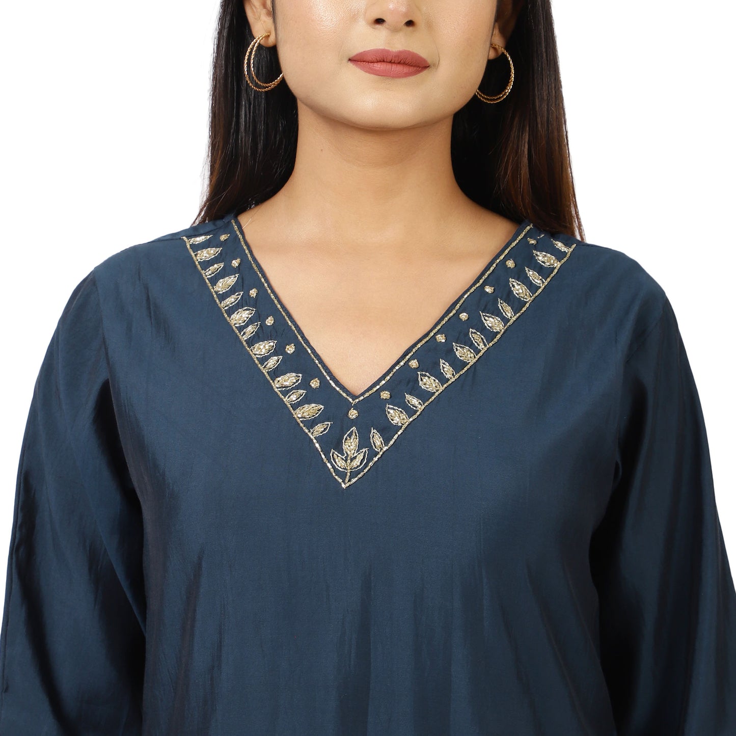ZS Fashion Women's Indian Ethnic Set – Navy Blue Embellished Kurta with Palazzo Pants, V-Neck & 3/4 Sleeves