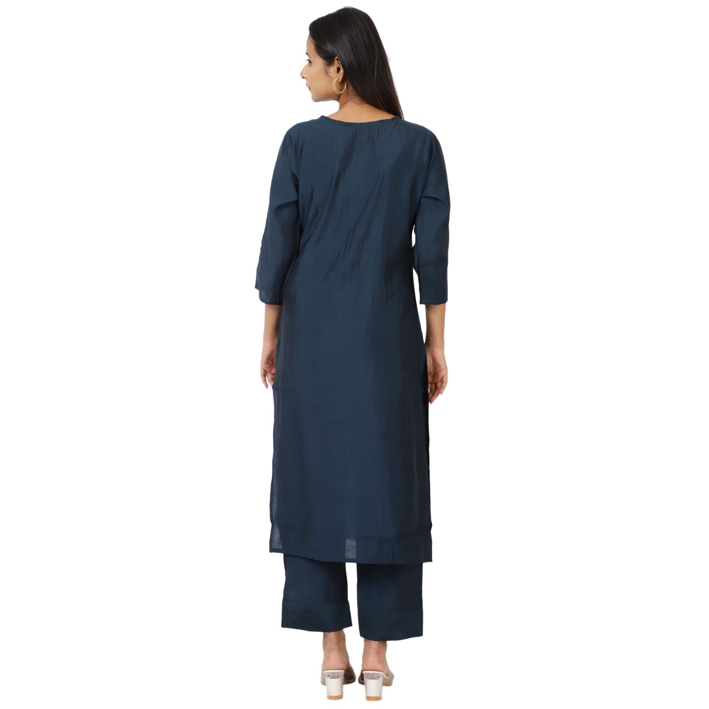 ZS Fashion Women's Indian Ethnic Set – Navy Blue Embellished Kurta with Palazzo Pants, V-Neck & 3/4 Sleeves