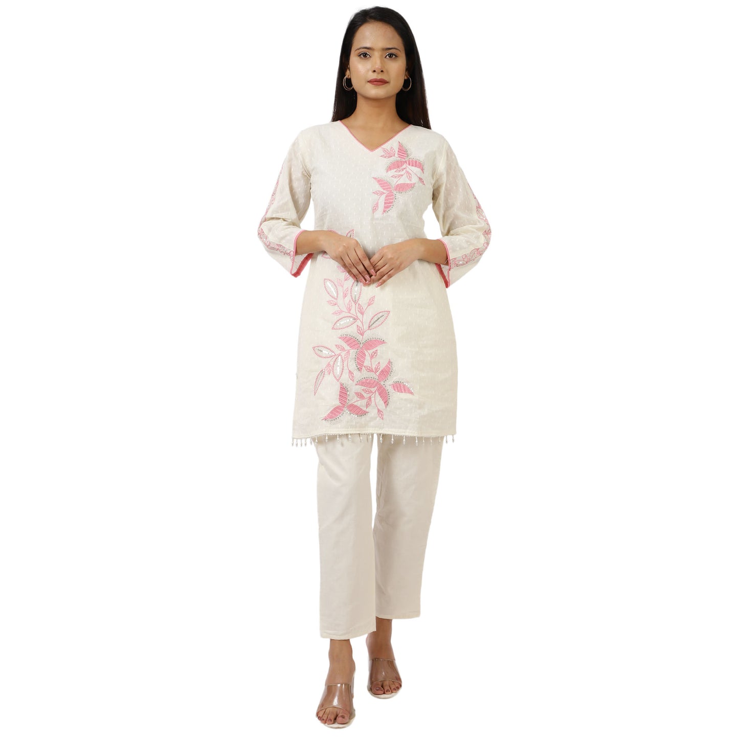 ZS Fashion Women's Cotton Kurta Set with Pink Floral Embroidery, 3/4 Sleeve V-Neck, White, Straight Fit