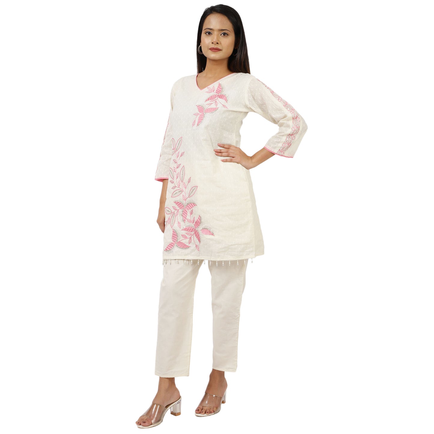 ZS Fashion Women's Cotton Kurta Set with Pink Floral Embroidery, 3/4 Sleeve V-Neck, White, Straight Fit