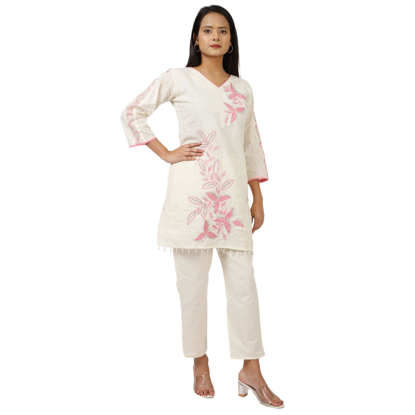 ZS Fashion Women's Cotton Kurta Set with Pink Floral Embroidery, 3/4 Sleeve V-Neck, White, Straight Fit