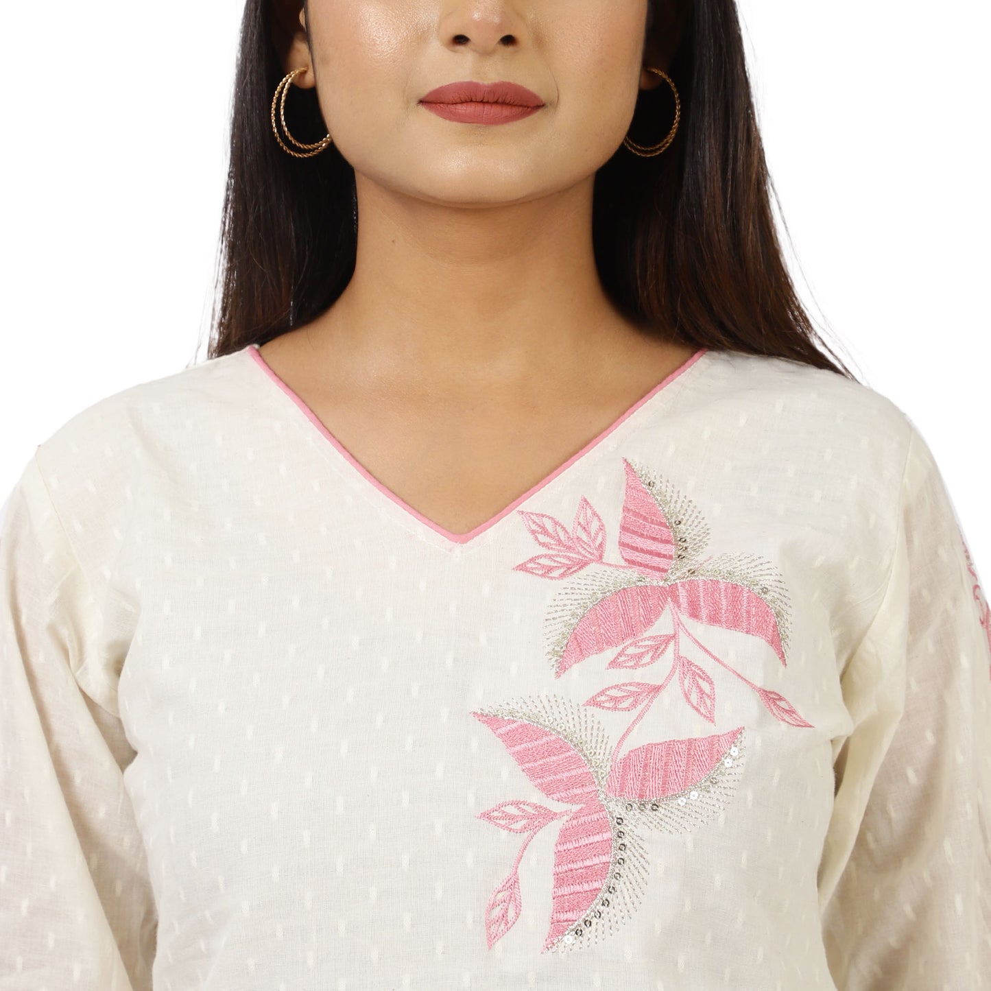 ZS Fashion Women's Cotton Kurta Set with Pink Floral Embroidery, 3/4 Sleeve V-Neck, White, Straight Fit