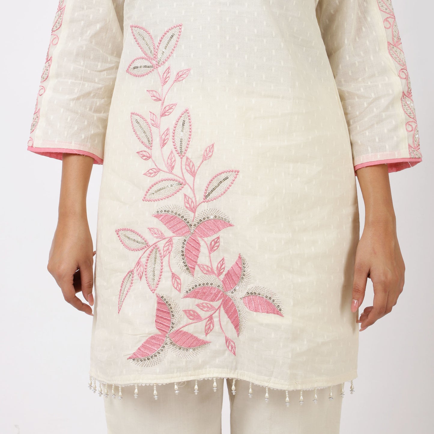 ZS Fashion Women's Cotton Kurta Set with Pink Floral Embroidery, 3/4 Sleeve V-Neck, White, Straight Fit