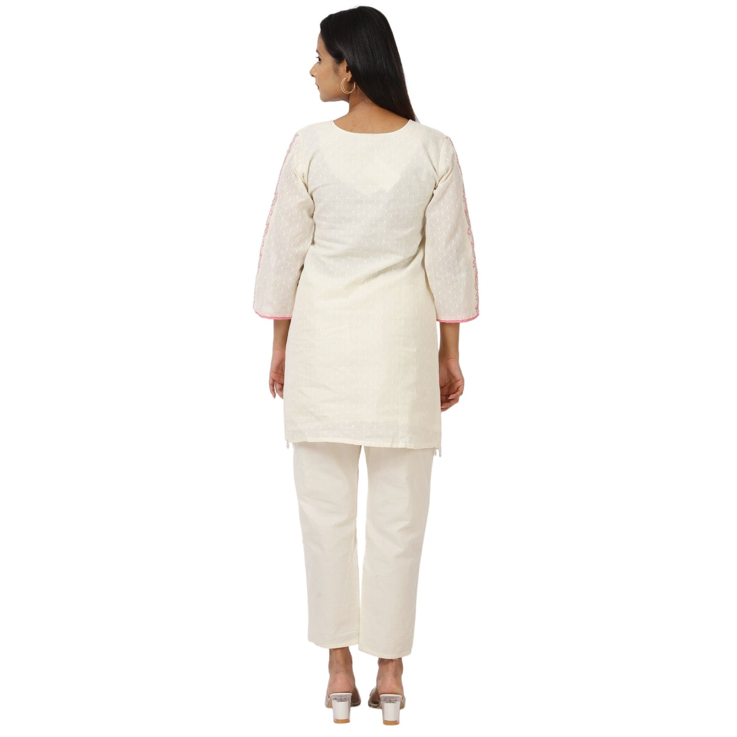 ZS Fashion Women's Cotton Kurta Set with Pink Floral Embroidery, 3/4 Sleeve V-Neck, White, Straight Fit