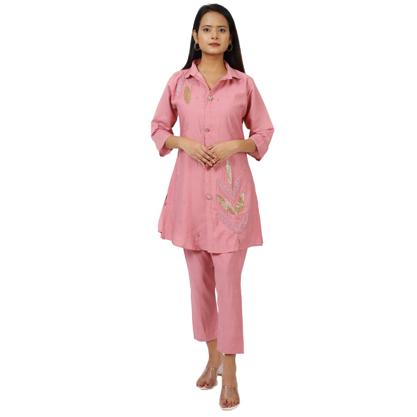 ZS Fashion Women's Embroidered Pink Kurta Pant Set – Soft Cotton Fabric, 3/4 Sleeves, Gold & Silver Leaf Design