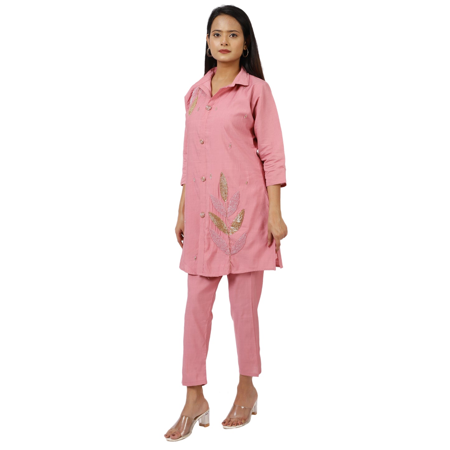 ZS Fashion Women's Embroidered Pink Kurta Pant Set – Soft Cotton Fabric, 3/4 Sleeves, Gold & Silver Leaf Design
