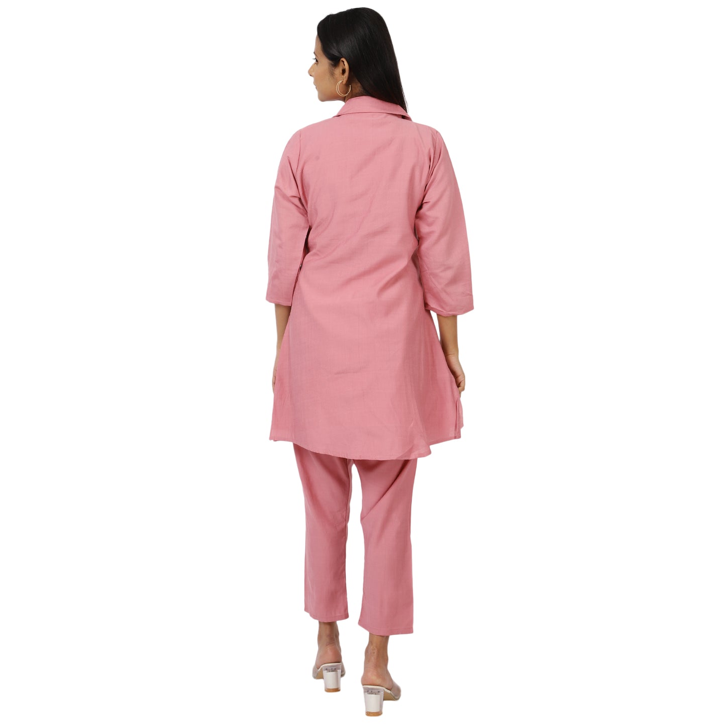 ZS Fashion Women's Embroidered Pink Kurta Pant Set – Soft Cotton Fabric, 3/4 Sleeves, Gold & Silver Leaf Design