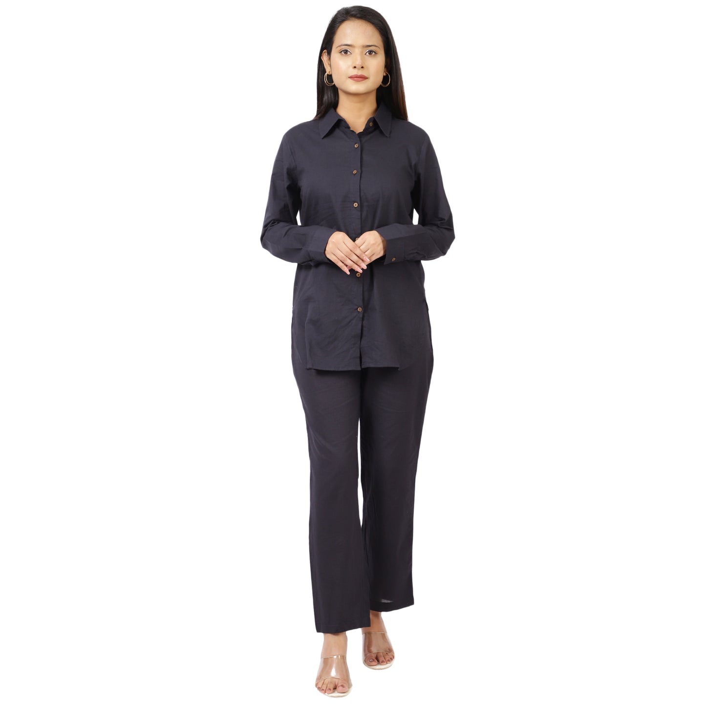 Women’s Navy Blue Cotton Shirt and Pants Set – Front View