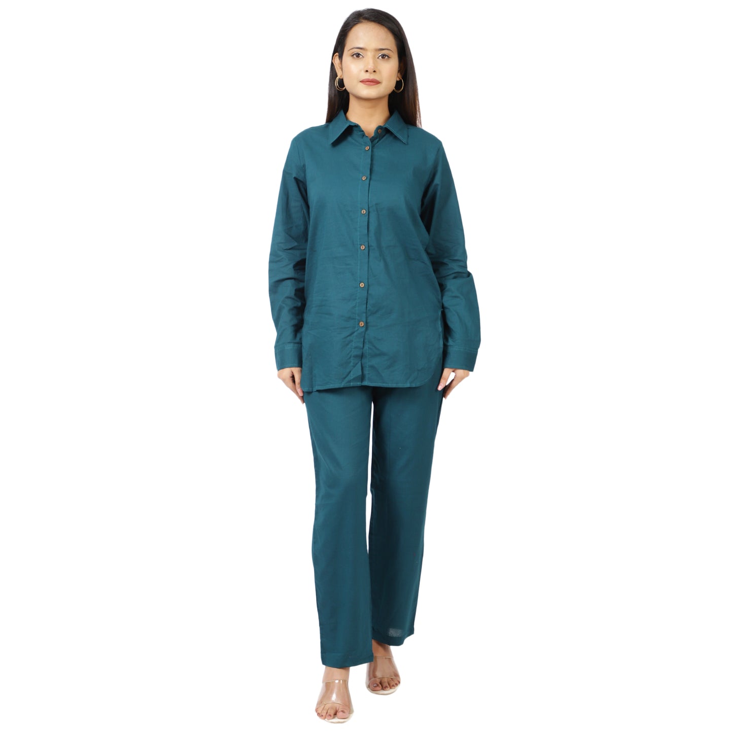 ZS Fashion Women's Teal Cotton Co-Ord Set – Long Sleeve Button-Down Shirt with Straight Pants | Casual & Loungewear Outfit