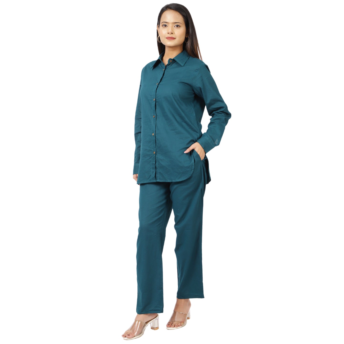 ZS Fashion Women's Teal Cotton Co-Ord Set – Long Sleeve Button-Down Shirt with Straight Pants | Casual & Loungewear Outfit