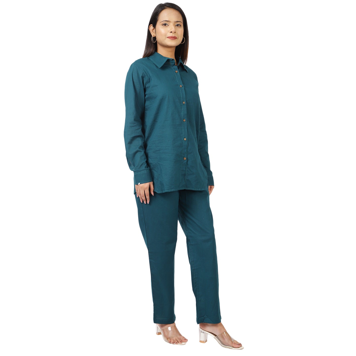 ZS Fashion Women's Teal Cotton Co-Ord Set – Long Sleeve Button-Down Shirt with Straight Pants | Casual & Loungewear Outfit