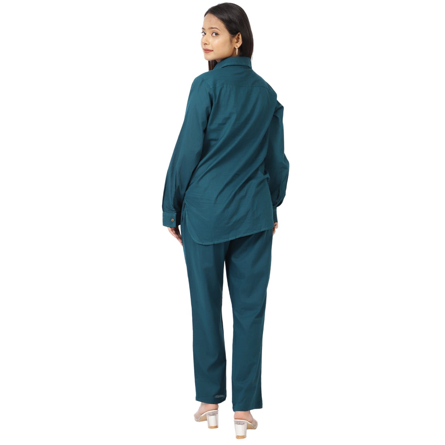 ZS Fashion Women's Teal Cotton Co-Ord Set – Long Sleeve Button-Down Shirt with Straight Pants | Casual & Loungewear Outfit