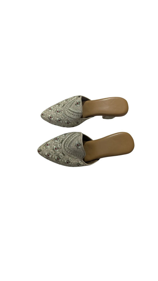 Handcrafted Women's Ethnic Embroidered Mules | Golden Slip-On Jutti with Red Thread Detailing | Traditional Festive