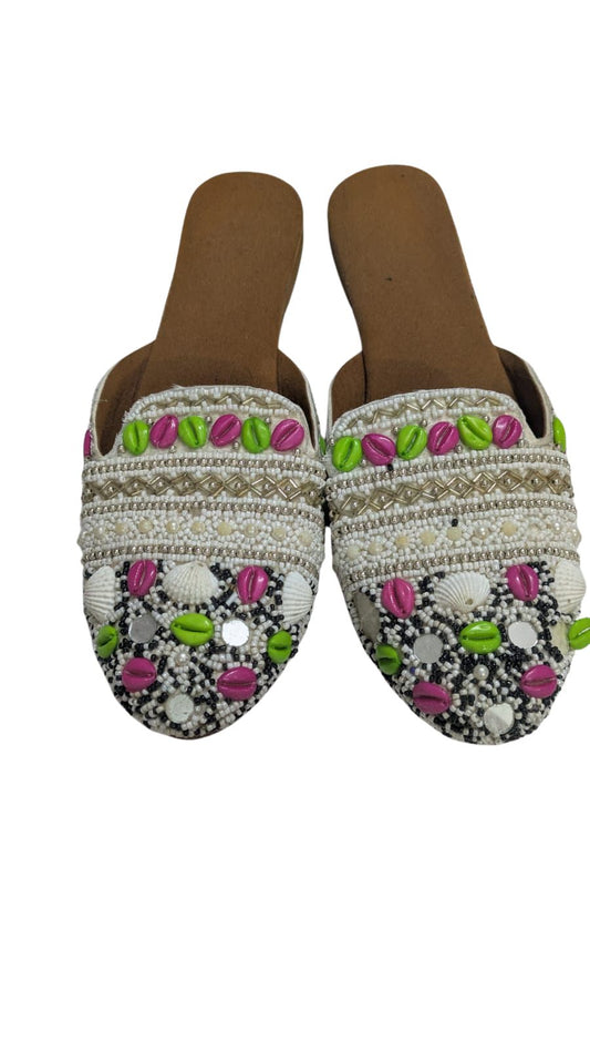 ZS Fashion Women’s Handcrafted Ethnic Jutti/Slip-On Flats with Beads & Shell Embroidery – Multicolor Casual