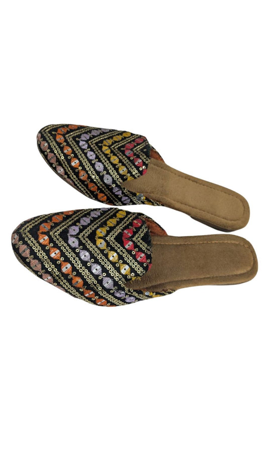 ZS Fashion Women's Embroidered Sequin Mule Slippers – Multi-Colour Chevron Pattern with Tan Sole, Stylish Ethnic & Casual Footwear